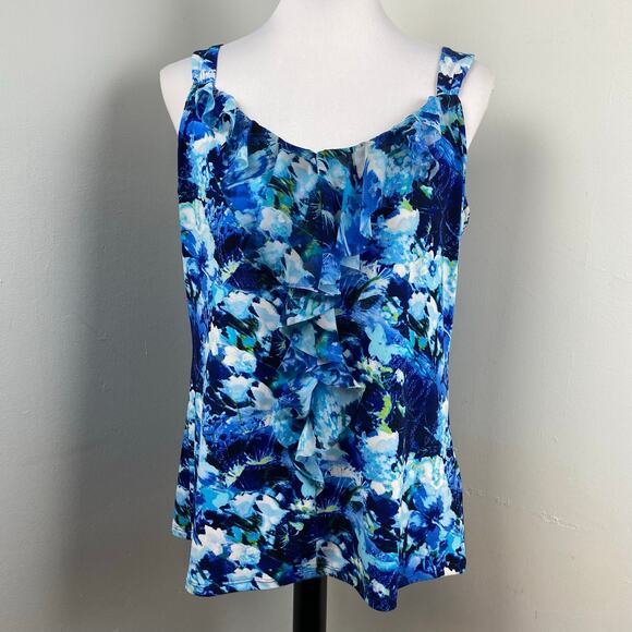White House Black Market Blue Abstract Ruffle Tank Top Sleeveless Blouse XL - Picture 1 of 7